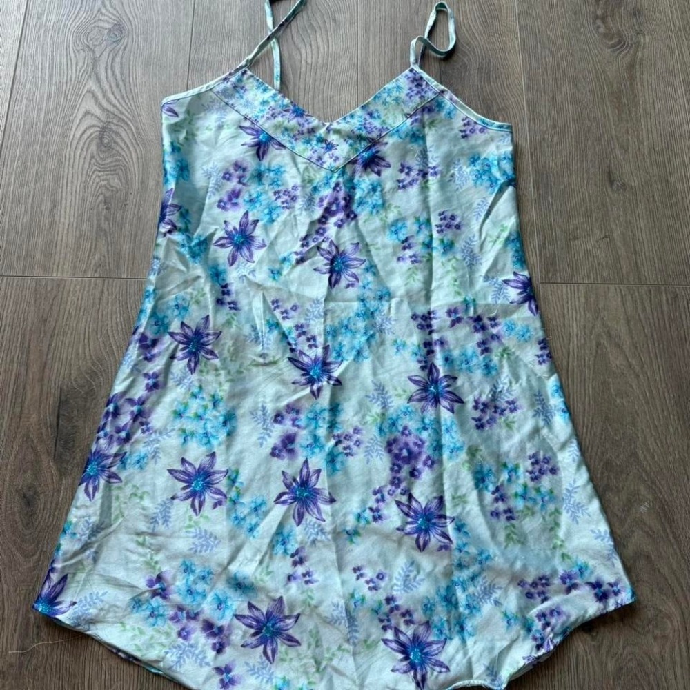Y2K Floral Slip Dress Pastel Blue Purple Mini Cami Dress Cottagecore Fairycore S